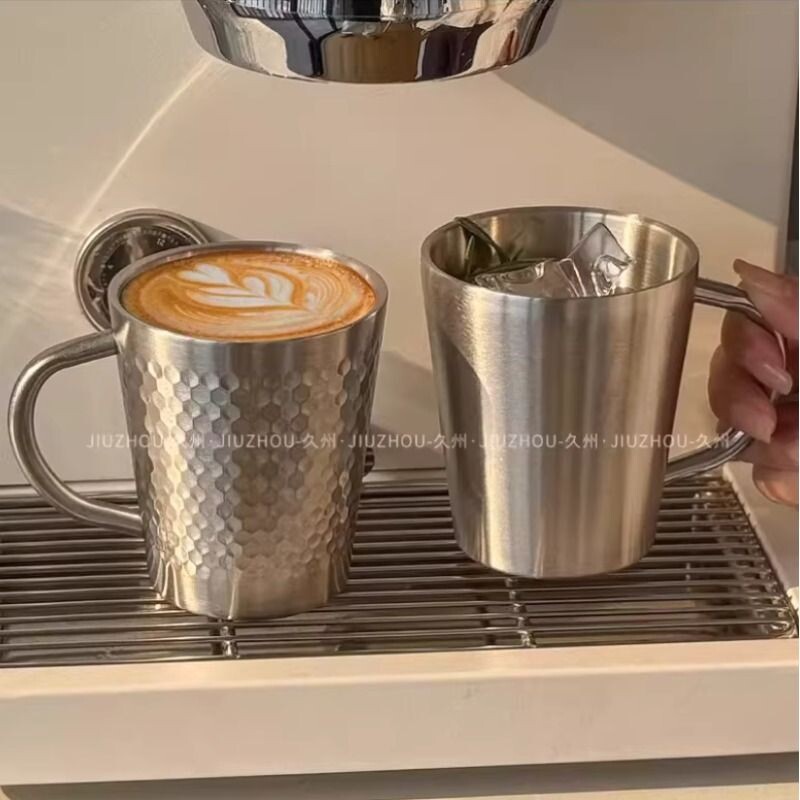 美式不锈钢马克杯双层咖啡杯饭厅户外啤酒茶水杯子早餐带把防摔杯