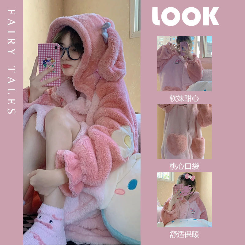 珊瑚绒睡衣女款2025新款秋冬季男加厚可外穿美乐蒂睡袍睡裙家居服