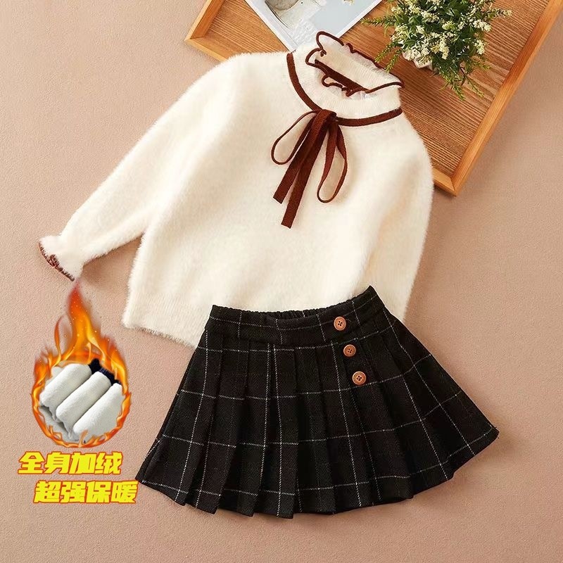 女童秋冬装洋气毛衣套装儿童保暖水貂绒百褶裙两件套加绒裙子粉色