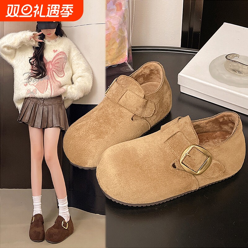 加绒厚底全包勃肯鞋女2025新款秋冬增高一脚蹬女鞋洋气保暖棉鞋子