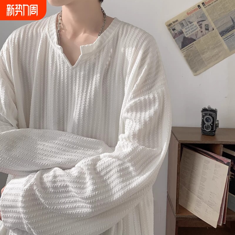 肌理V领长袖T恤男春季潮牌宽松重磅上衣痞帅高级感白色内搭打底衫