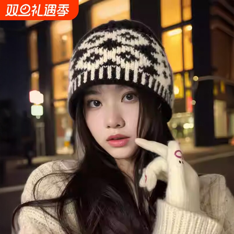 复古菱格针织冷帽帽子女秋冬季韩版显脸小大头围毛线帽保暖防寒