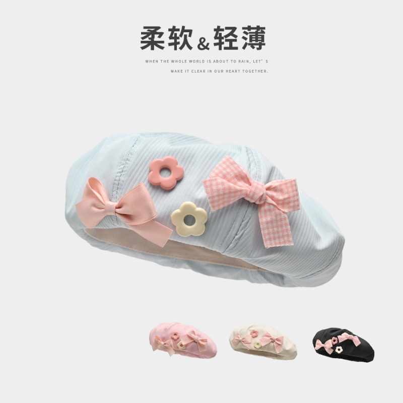2025新款奶油白贝雷帽女春夏款日系可爱云朵蝴蝶结花朵蓓蕾画家帽