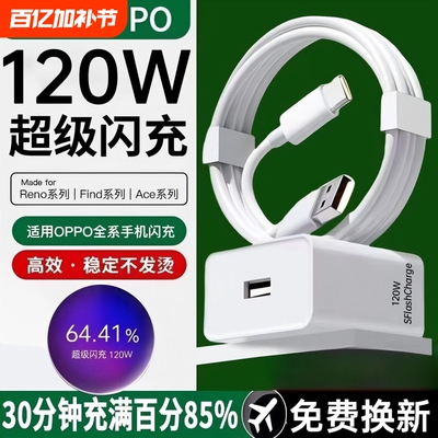 120W超级闪充适用OPPOReno14/13/12/11原9装充电器正品FindX8Ultra/7/6Pro+快充头5一加100真我80手机W数据线