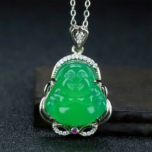 送证书冰种玉髓绿玛瑙吊坠翡翠色帝王绿弥勒佛公项链挂坠玉石吊坠