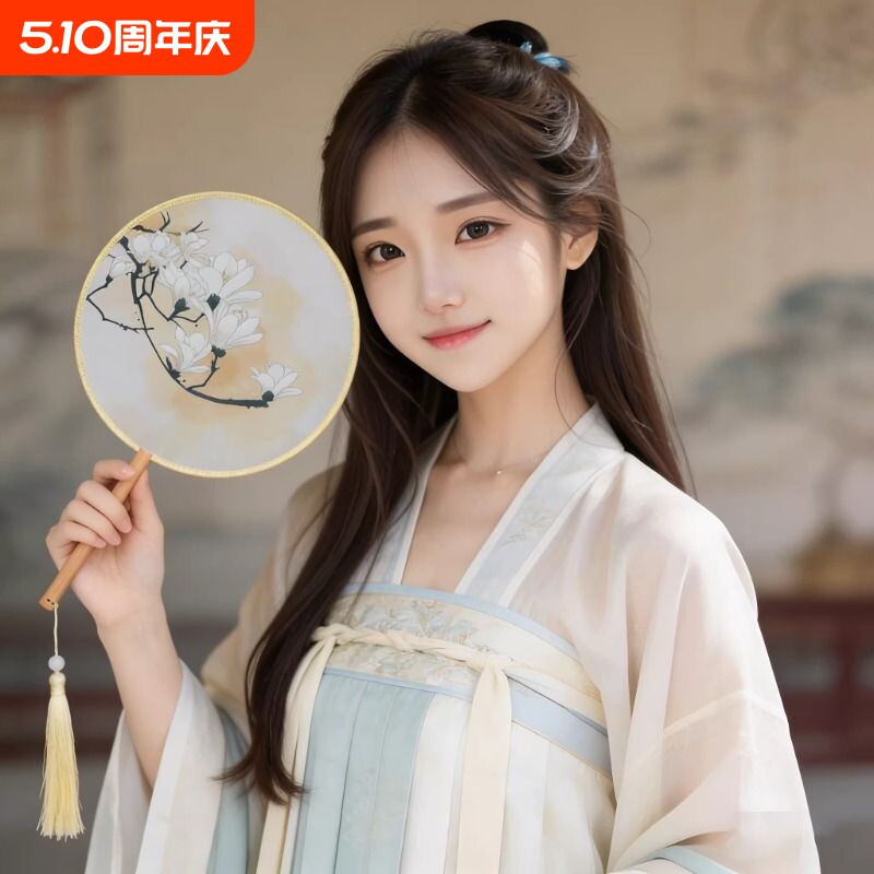 团扇双面古典扇子古风半透圆形流苏女古装汉服旗袍丝质古装扇子