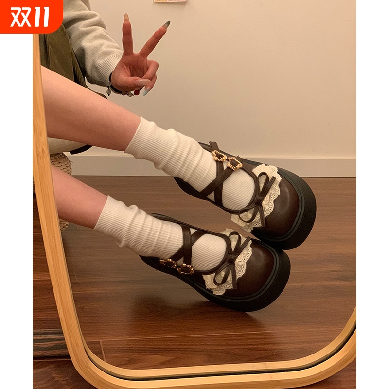 2025年配裙子蝴蝶结花边小皮鞋女棕色夏季新款厚底法式玛丽珍单鞋