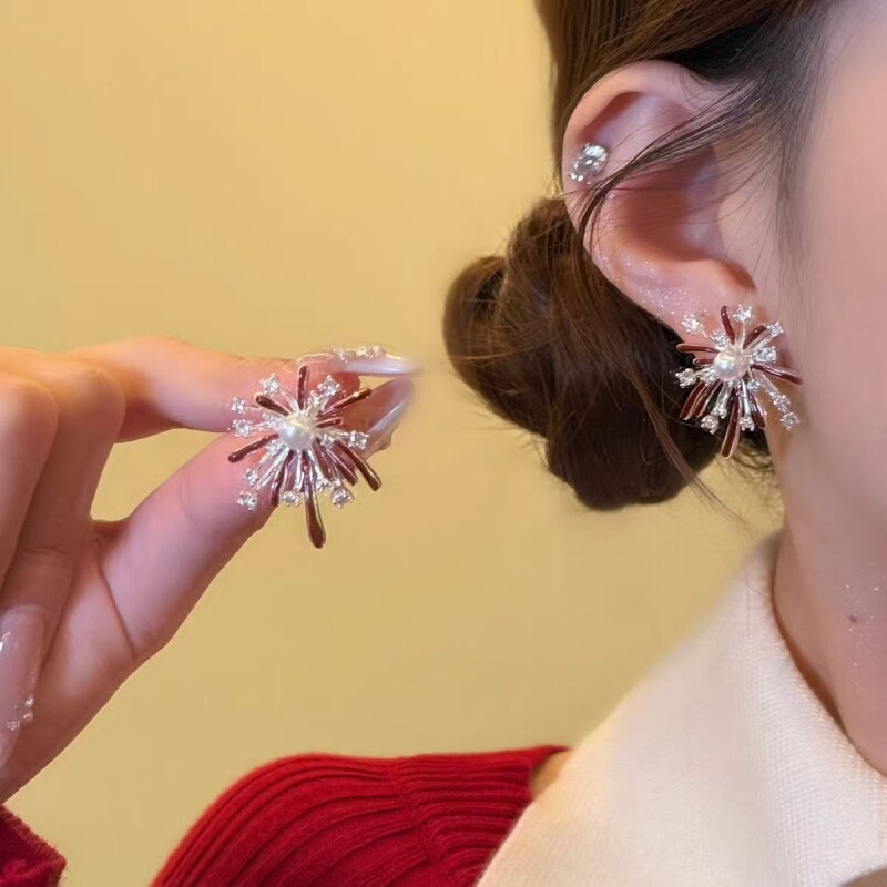 新年序曲 红色闪锆烟花珍珠耳环2026新款绝美过年耳饰爆款耳钉