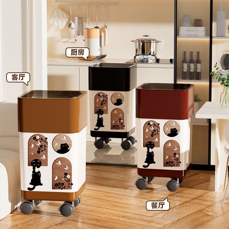 垃圾桶带轮可移动高颜值中古风卫生间厕所垃圾桶带盖家用厨房客厅