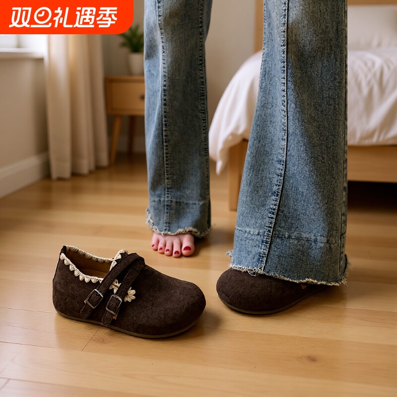 棕色平底单鞋女秋冬季一脚蹬勃肯鞋2025新款配裙子内增高玛丽珍鞋