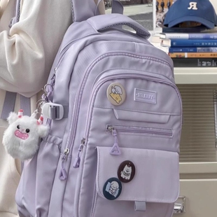 简约百搭大学生书包女ins初中高中生双肩包男背包紫色灰色黑色