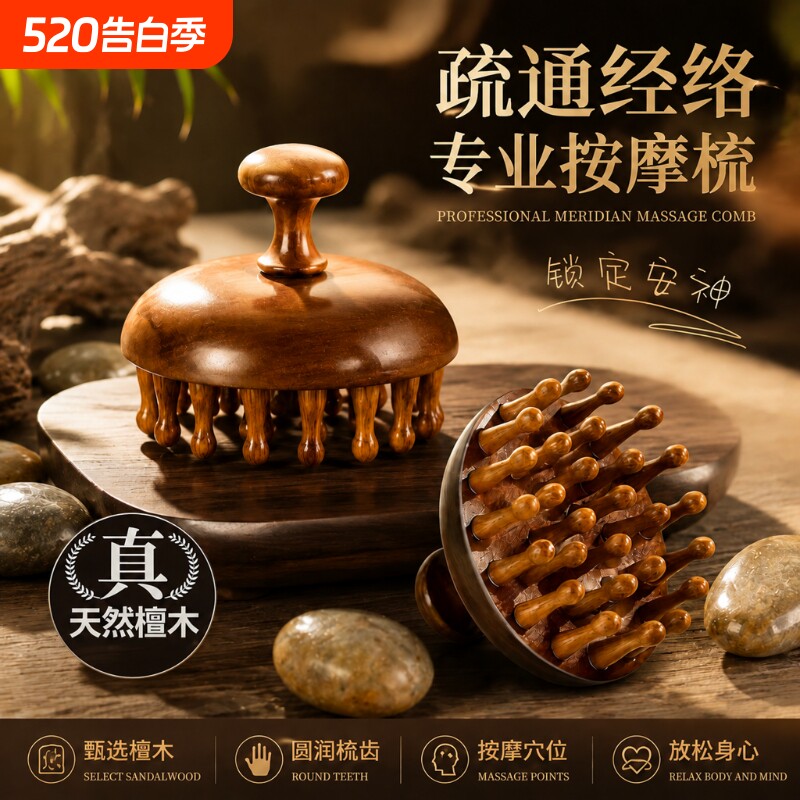 甄选檀木头部梳子舒缓头皮按摩梳木质洗头刷按摩器刮痧经络檀木梳