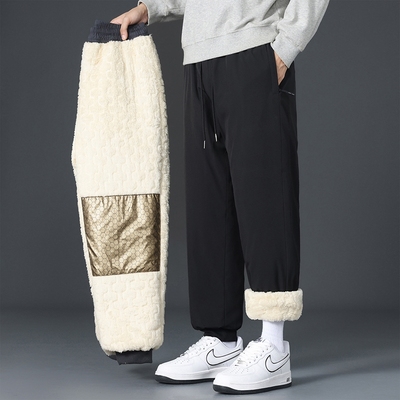加绒加厚棉裤男士冬季保暖束脚休闲长裤宽松中老年羊羔绒裤子男款