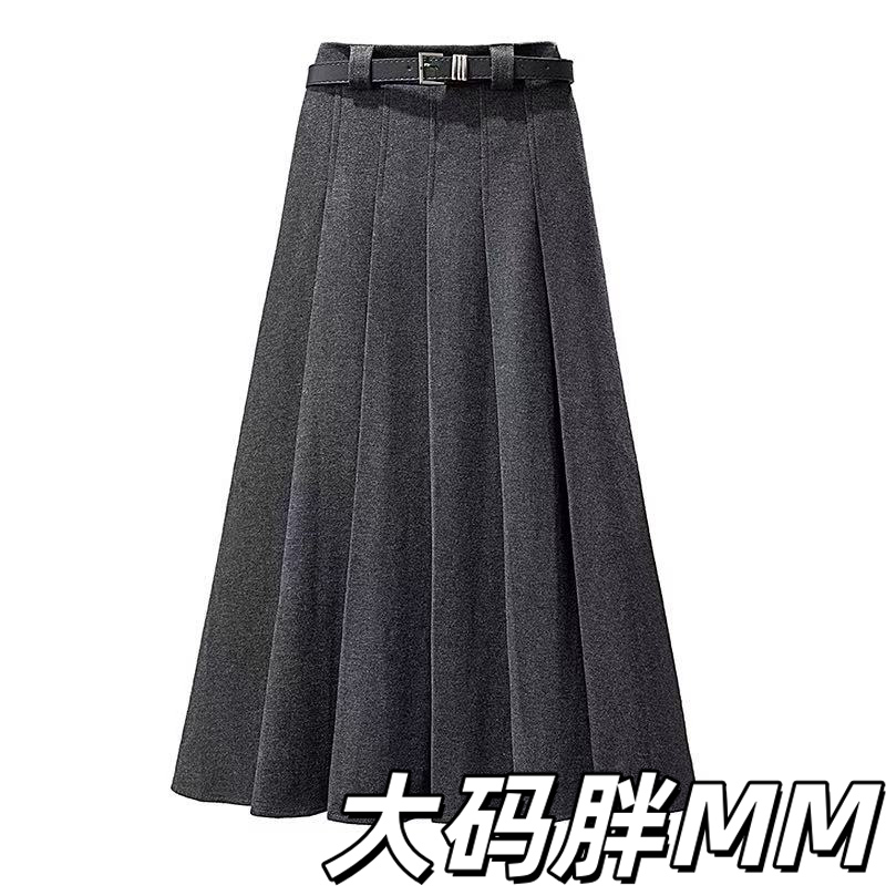 大码灰色毛呢半身长裙女秋2025高腰a字伞裙显瘦西装百褶裙子新款