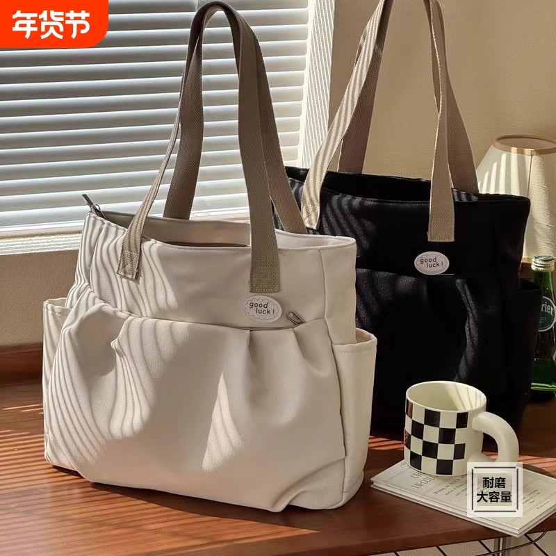 原创褶皱款大容量文艺帆布通勤托特包休闲百搭学生简约单肩包