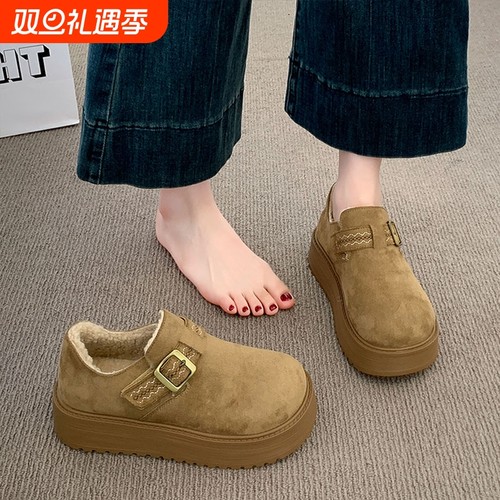 厚底加绒勃肯鞋女2025新款冬季一脚蹬乐福鞋低帮雪地靴保暖棉鞋子