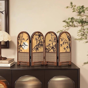 新中式桌面小屏风摆件茶室电视柜客厅玄关文创古风折叠装饰画