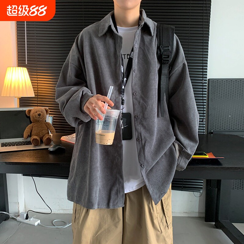 复古钓月郎灯芯绒衬衫男日系cityboy长袖衬衣春秋季薄款外套上衣