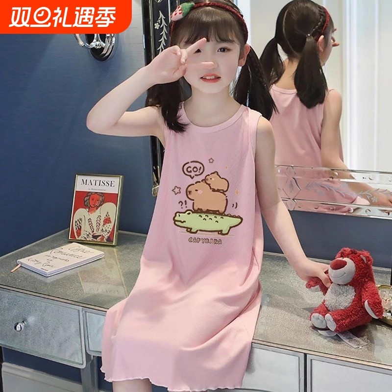 2025新款女孩冰丝莫代尔女童夏季背心裙卡通睡衣裙母女亲子家居服