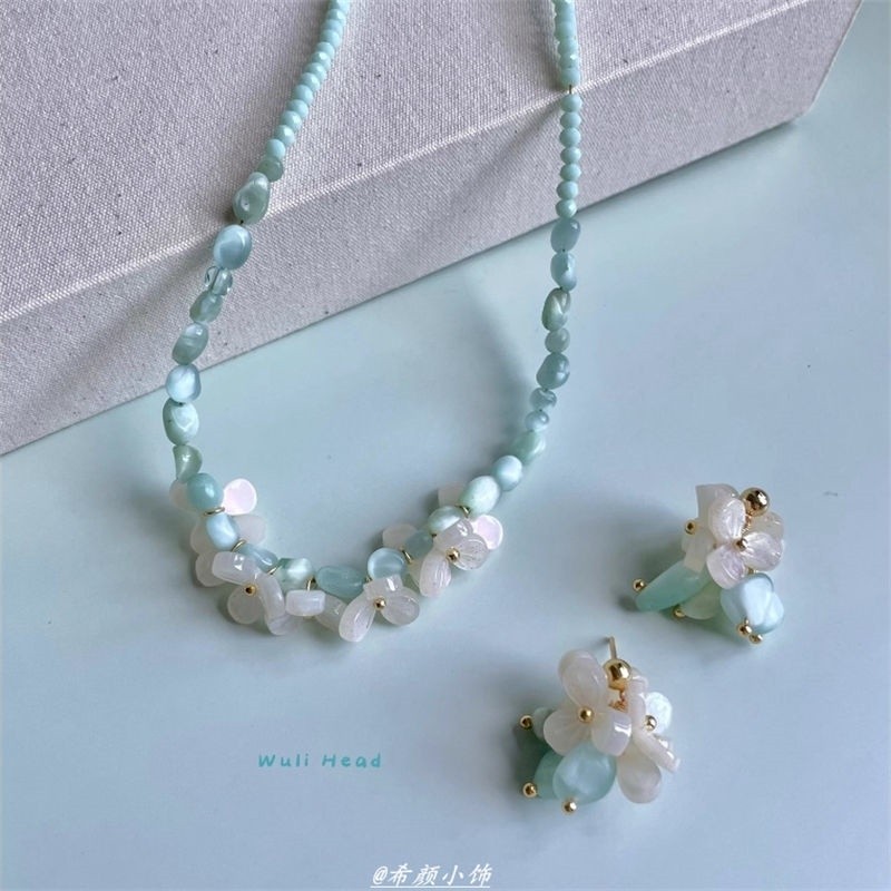 [ 无厘头 ] 薄荷曼波 清新薄荷绿海绿纹石原创小花度假风耳钉项链,饰品/流行首饰/时尚饰品新,项链,淘宝优惠券,粉丝福利购,淘宝优惠卷