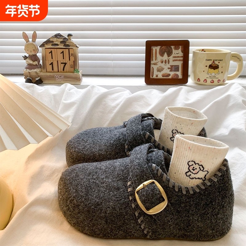 全包灰色毛毡勃肯鞋女2025秋冬新款一脚蹬懒人鞋内增高加绒雪地靴,女鞋,勃肯鞋/软木鞋,淘宝优惠券,粉丝福利购,淘宝优惠卷