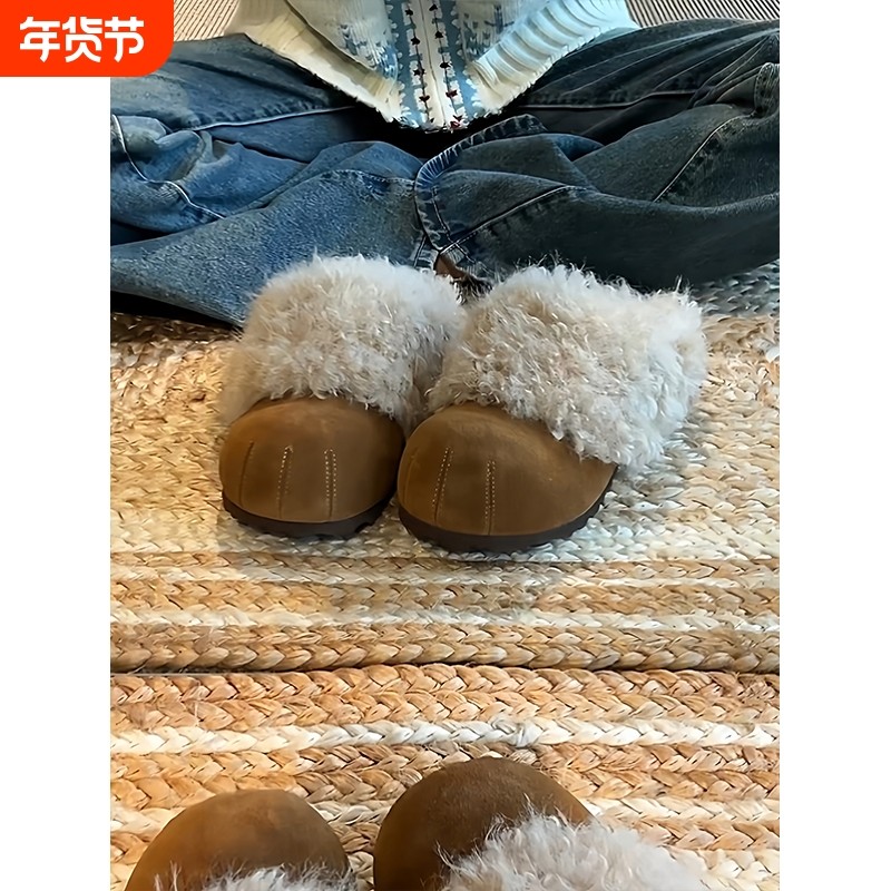 增高5cm毛毛勃肯鞋女冬季加绒保暖内增高包头拖鞋圆头一脚蹬棉鞋