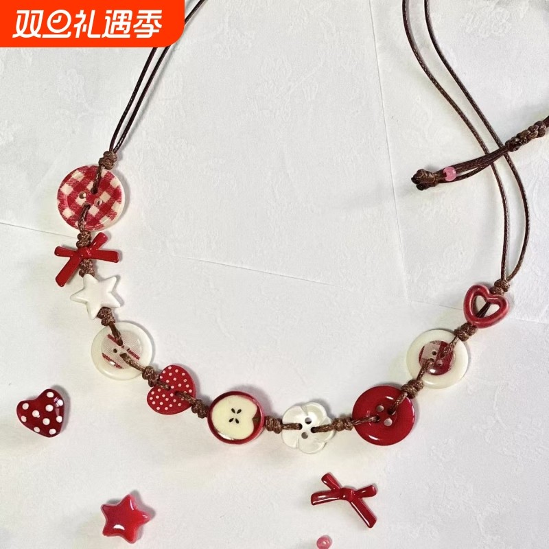 「甜心苹果」可爱纽扣苹果项链小众感锁骨链卡通颈链送女友礼物