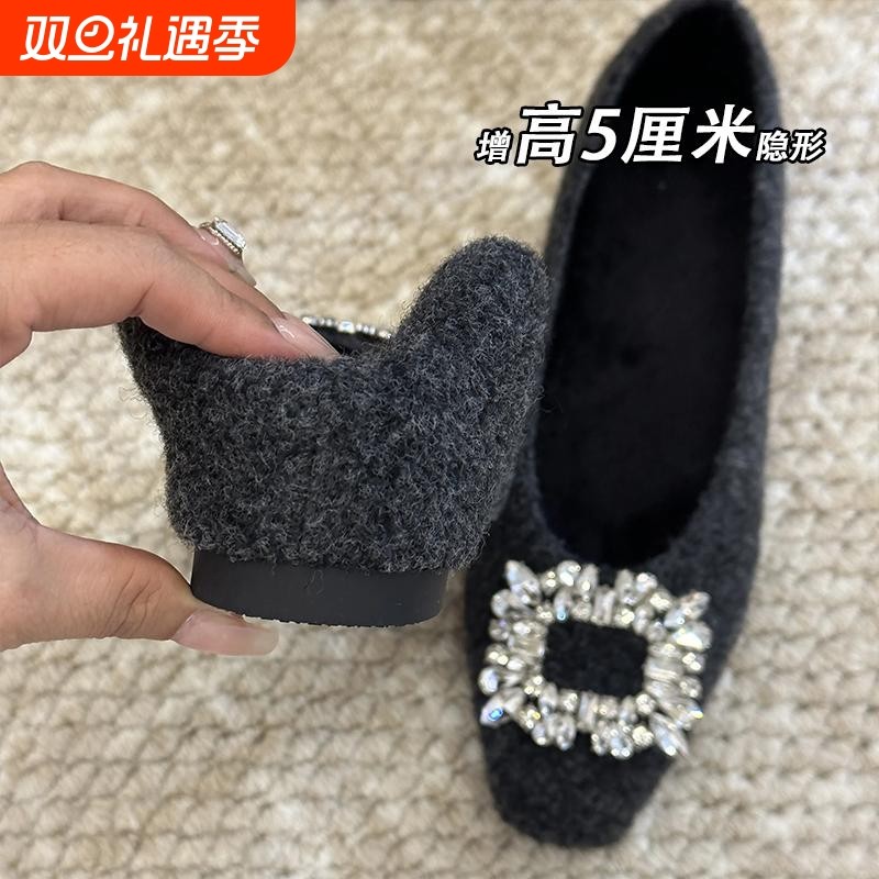 小个子内增高5CM方扣毛毛鞋女冬季加绒保暖绒面浅口玛丽珍单鞋女
