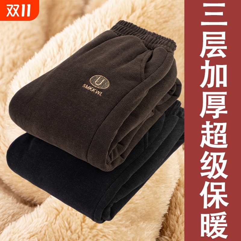 妈妈灯芯绒裤子春秋宽松大码休闲裤中老年女裤加绒加厚奶奶保暖裤