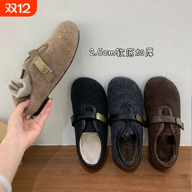 厚底毛呢加绒勃肯鞋女2025秋冬新款灰色保暖棉鞋平底玛丽珍毛毛鞋
