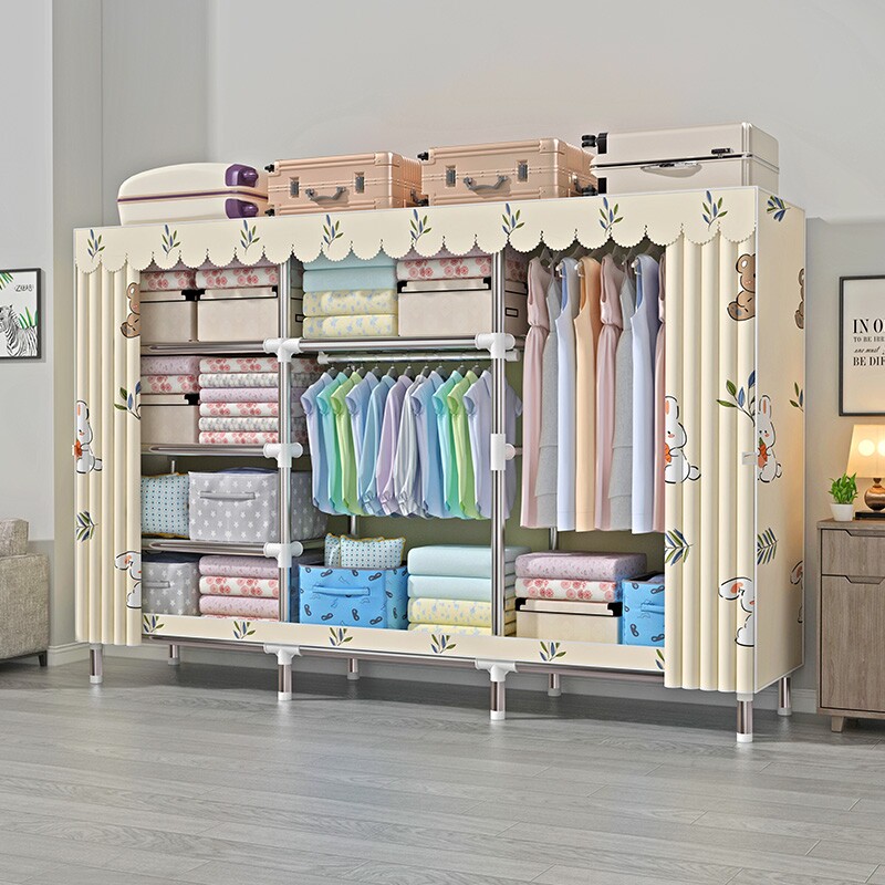 衣柜卧室家用全钢架加粗加厚简易组装结实耐用出租房用衣橱挂衣柜