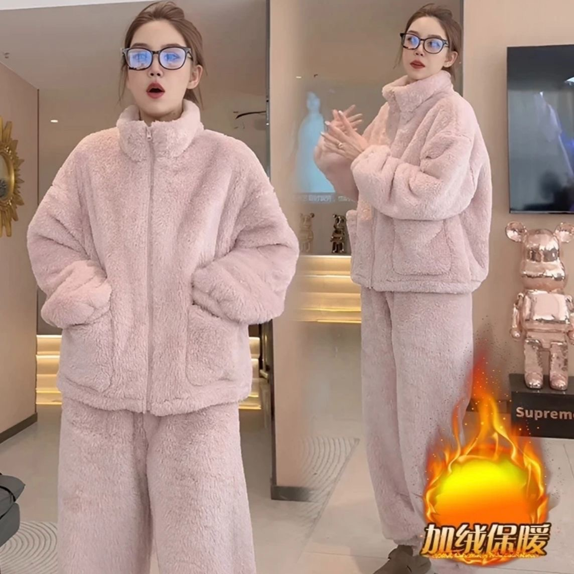 睡衣秋冬季家居服加厚套装