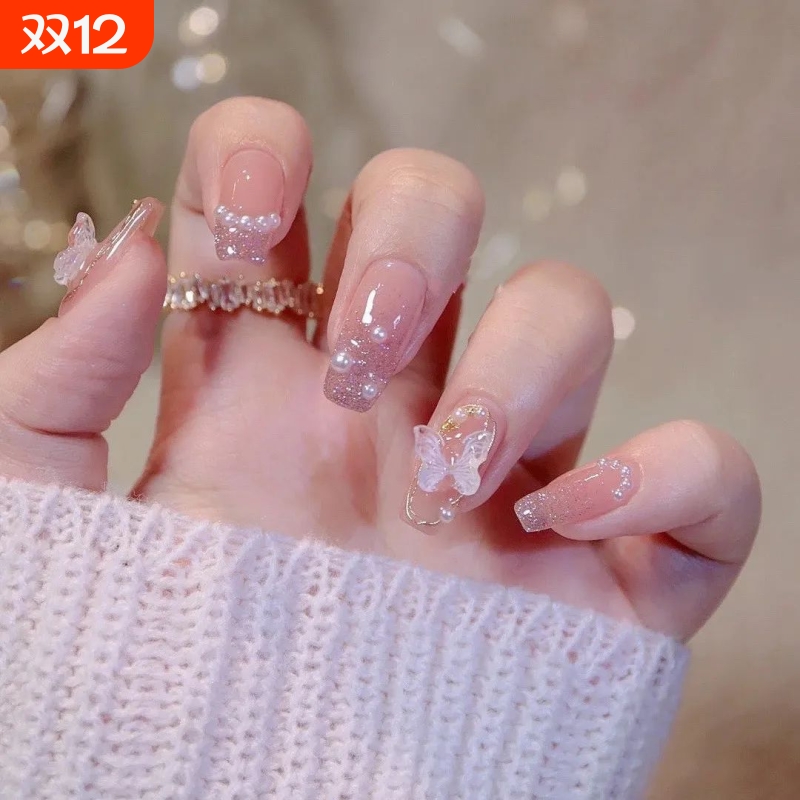 穿戴甲长款法式纯欲假指甲贴片美甲片成品杏仁甲穿戴式蝴蝶结波点