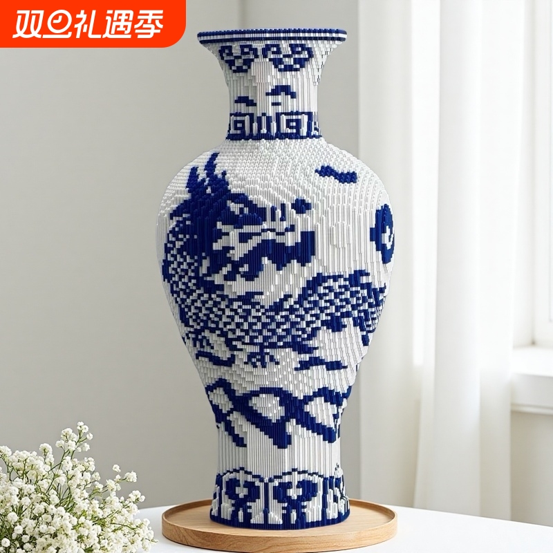 国潮积木小颗粒高难度益智拼装儿童玩具青花瓷国风摆件高颜值智力