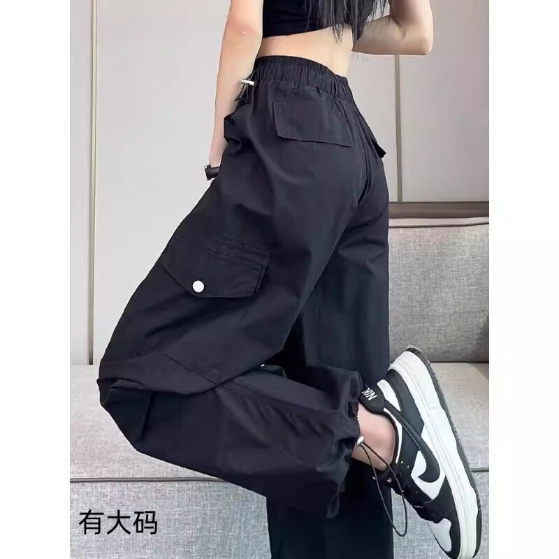 速干工装裤女夏季2026薄款高腰降落伞冰丝束脚运动裤大码松紧腰