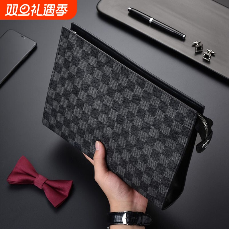 潮牌手包男士手拿包棋盘格子时尚手抓包夹包大容量商务休闲手拎包