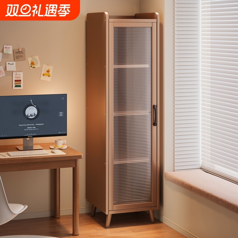 实木书柜防尘带玻璃门书架置物架带门落地中古风收纳楠竹窄边储物