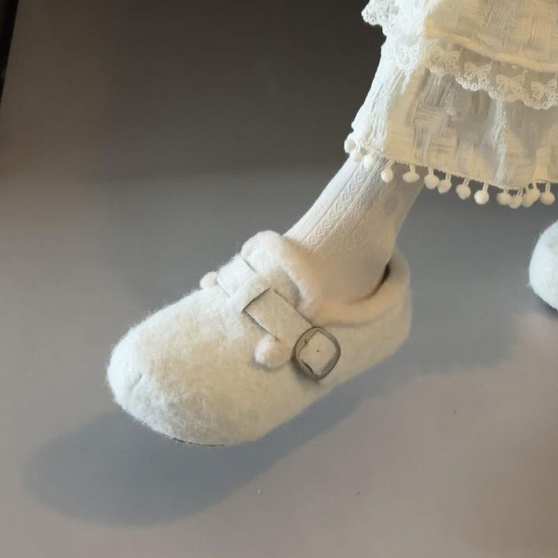 白色jk百搭配裙子加绒勃肯鞋女2025冬季新款大头平底毛毛拖鞋黑色