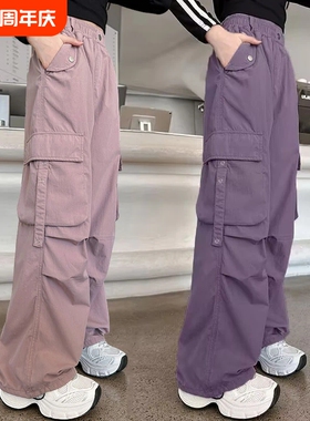 女童裤子夏季儿童宽松工装裤新款中大童女孩洋气直筒休闲裤黑色