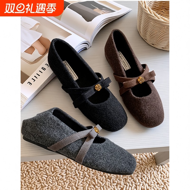 羊绒版~山茶花内增高5cm毛毛玛丽珍鞋子女秋冬加绒蝴蝶结单鞋平底