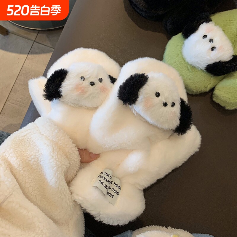 可爱毛绒手套冬季女小狗保暖加绒加厚全包连指学生骑行防寒手套