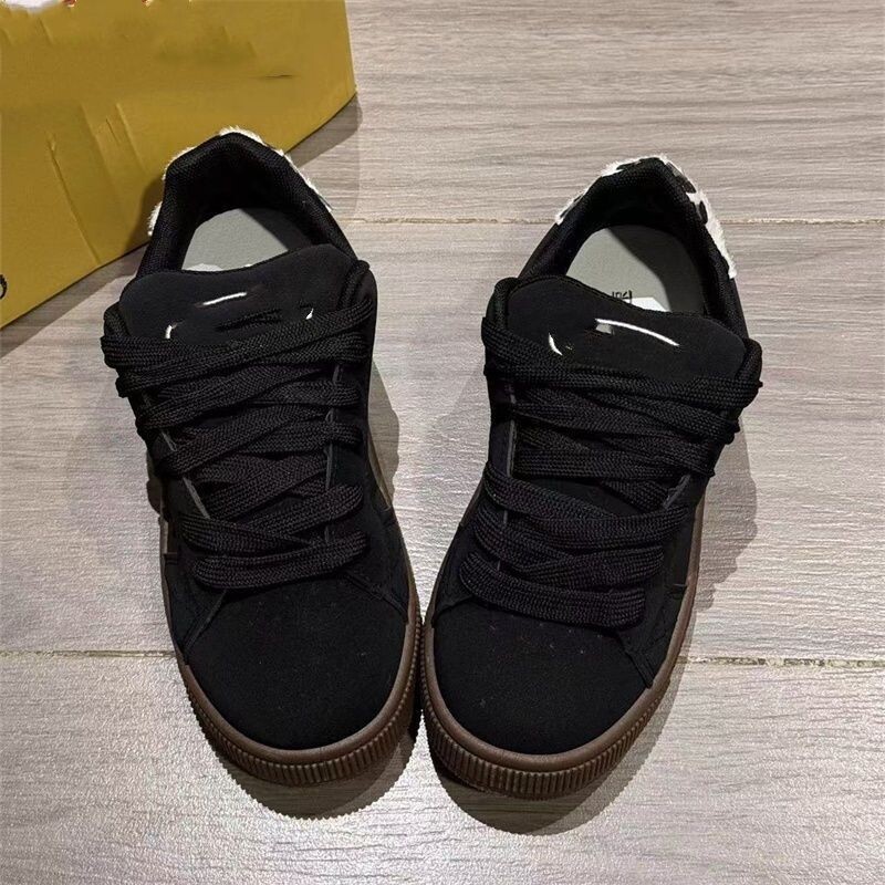 35-43码黑色豹纹字母底面包鞋女翻毛皮美式复古板鞋透气休闲圆头