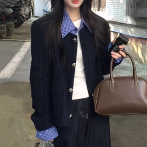 韩系假两件拼接翻领小香风外套女秋季新款宽松休闲短款夹克上衣潮