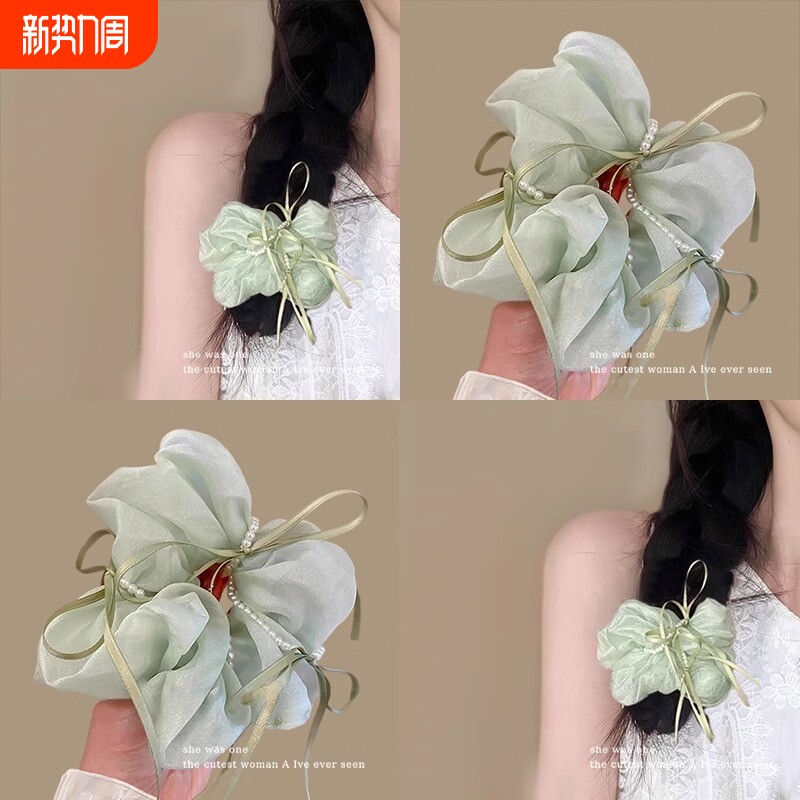珍珠蝴蝶结大肠发圈女高级感扎头头绳绿色森系发绳麻花辫发饰超大