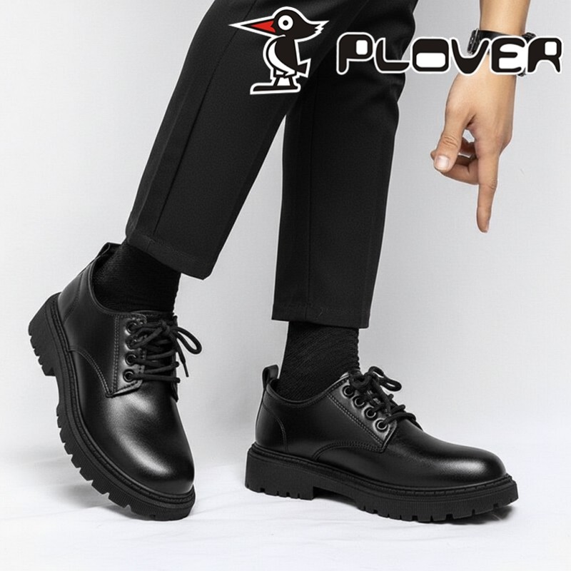 啄木鸟男鞋黑色厚底休闲皮鞋男款通勤百搭英伦风青年系带单鞋2026