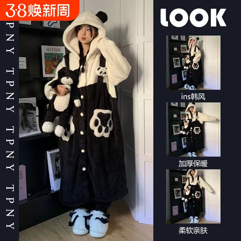缇可爱熊猫珊瑚绒睡衣女冬款新款加绒加厚毛绒睡袍家居服套装黑色