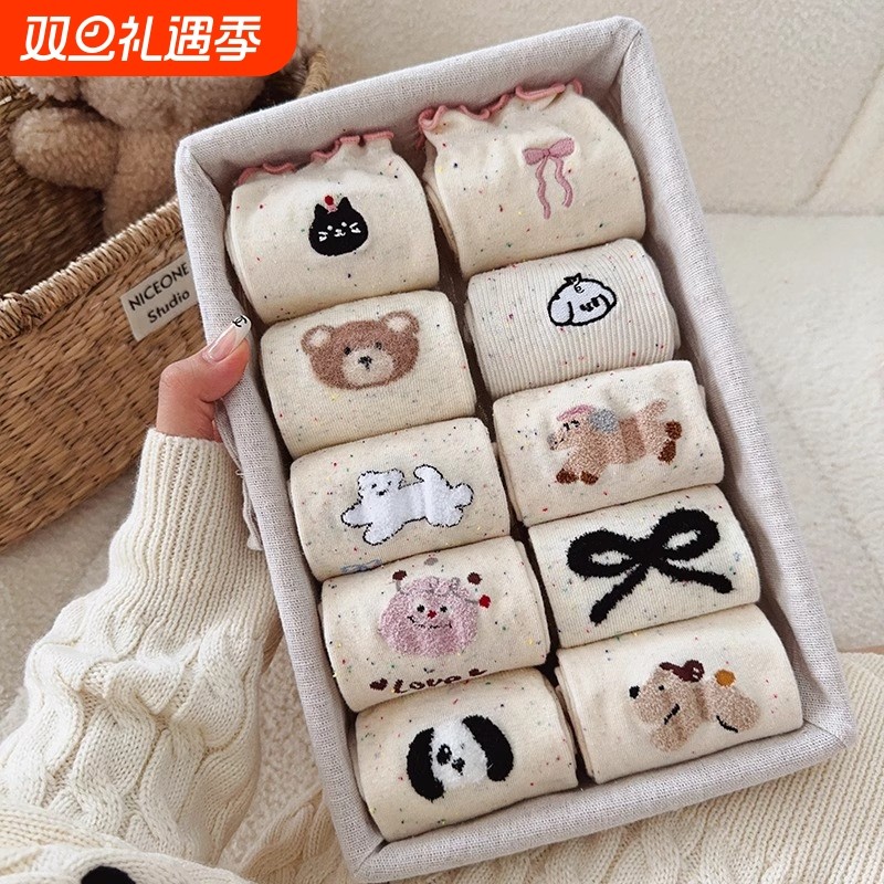 可爱卡通袜子女中筒袜秋冬ins潮2025新款爆款女士白色木耳边长