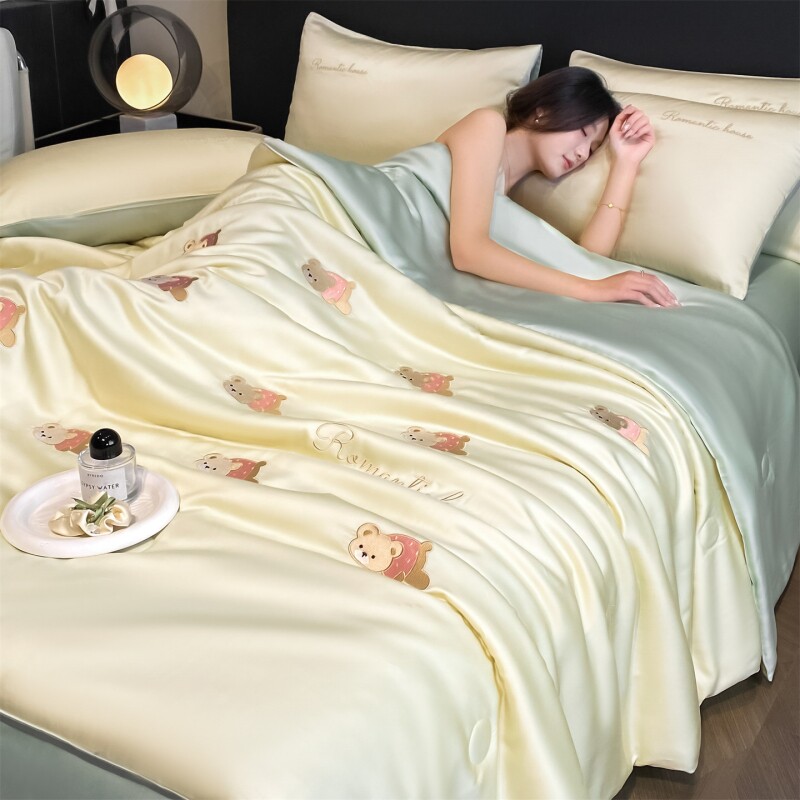 水洗冰丝刺绣夏被四件套可爱卡通凉感夏被可机洗整张填充空调被