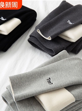 加绒打底裤外穿加厚羊羔绒女刺绣2023春秋款新款螺纹灰色高腰棉裤