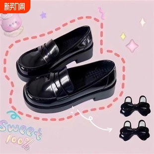 日系黑色蝴蝶结 方头增高鞋 2026熊熊原创jk制服鞋 学生中跟厚底单鞋